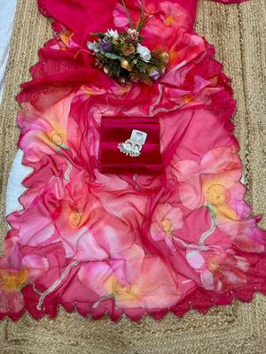 Red colour soft tebi silk digital print saree with moti handwork 2