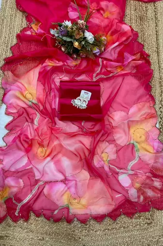 Red colour soft tebi silk digital print saree with moti handwork