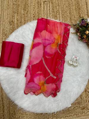 Red colour soft tebi silk digital print saree with moti handwork 3
