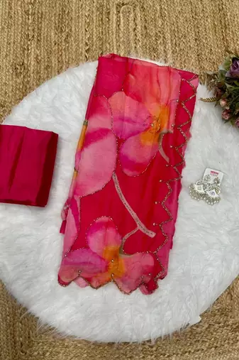 Red colour soft tebi silk digital print saree with moti handwork