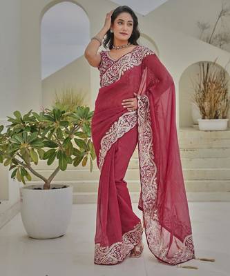 Coral colour silver crunchy embroidered saree with mono silk blouse 1