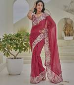 Coral colour silver crunchy embroidered saree with mono silk blouse