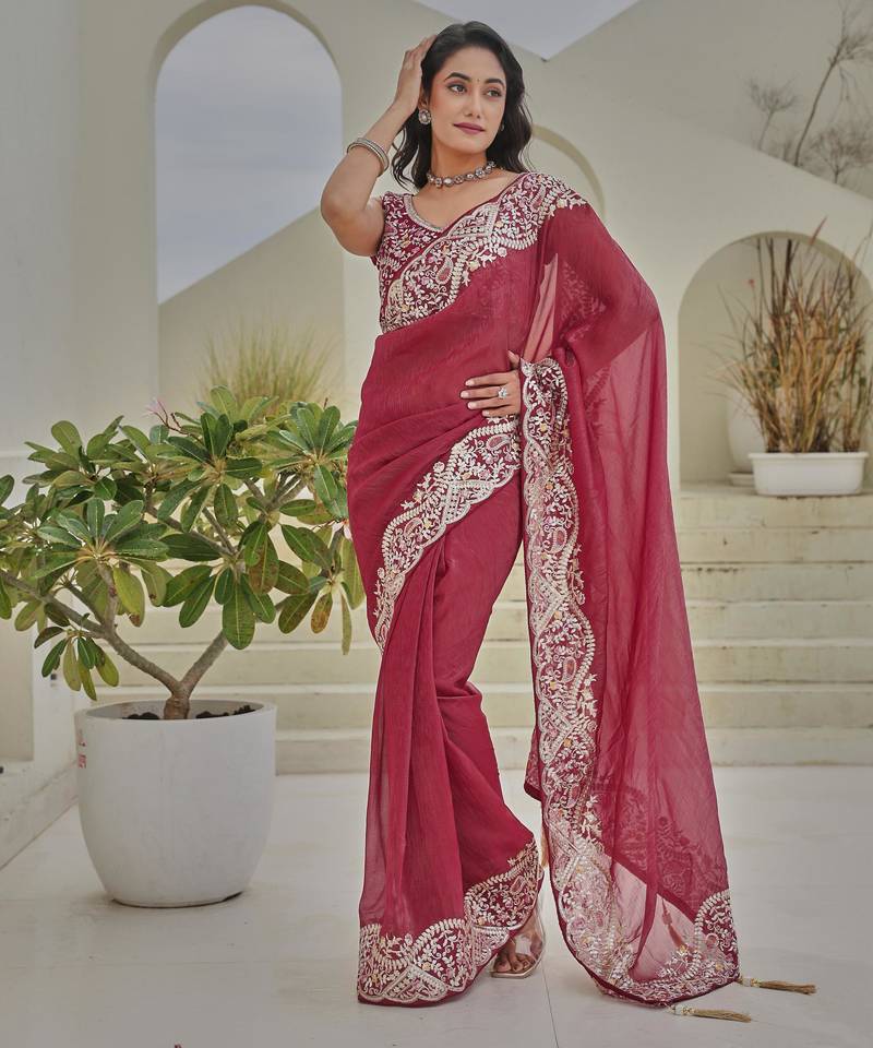 Coral colour silver crunchy embroidered saree with mono silk blouse