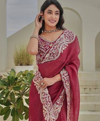 Coral colour silver crunchy embroidered saree with mono silk blouse 2