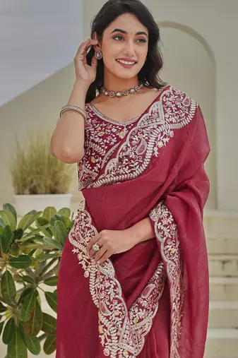 Coral colour silver crunchy embroidered saree with mono silk blouse