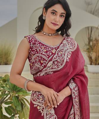 Coral colour silver crunchy embroidered saree with mono silk blouse 3