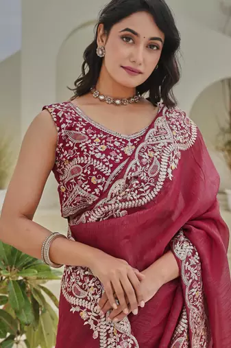 Coral colour silver crunchy embroidered saree with mono silk blouse