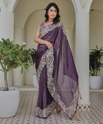 Purple colour silver crunchy embroidered saree with mono silk blouse 1