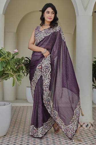 Purple colour silver crunchy embroidered saree with mono silk blouse