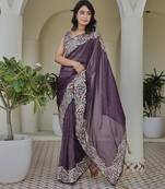 Purple colour silver crunchy embroidered saree with mono silk blouse
