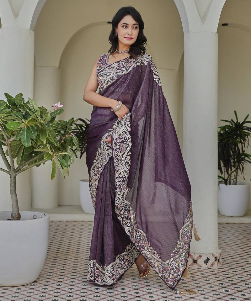 Purple colour silver crunchy embroidered saree with mono silk blouse