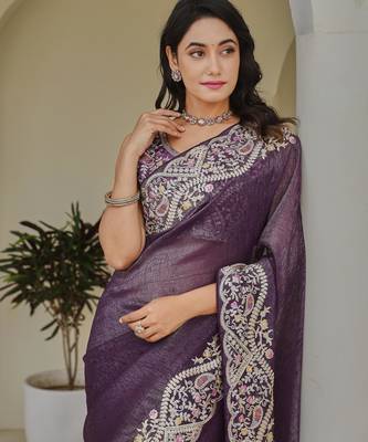 Purple colour silver crunchy embroidered saree with mono silk blouse 2