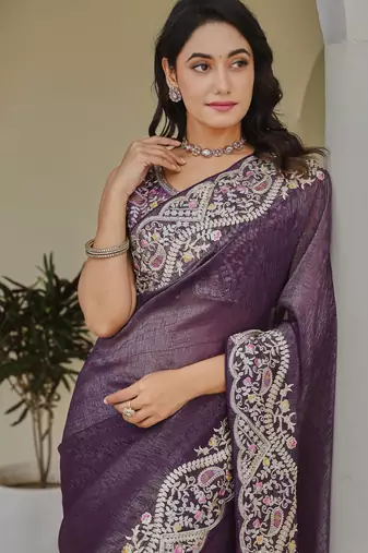 Purple colour silver crunchy embroidered saree with mono silk blouse