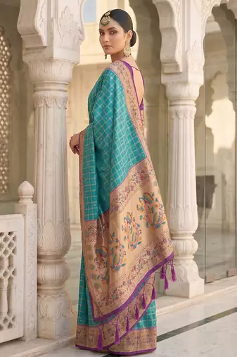 Aqua blue colour banarasi silk saree with unstitched blouse piece