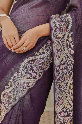 Purple colour silver crunchy embroidered saree with mono silk blouse