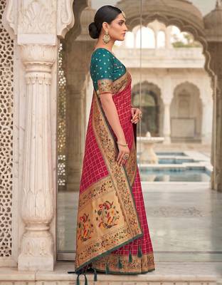 Rani pink colour banarasi silk saree with unstitched blouse piece 2