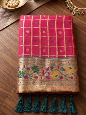 Rani pink colour banarasi silk saree with unstitched blouse piece 4