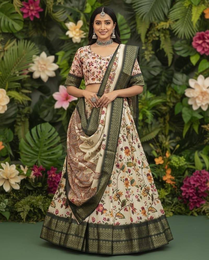 Green & Cream Kalamkari Printed Cotton Silk Lehenga Set with Zari Border For Women's