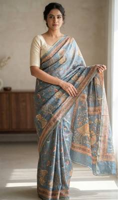 Grey colour cotton erode weaving saree with digital deer & floral print 1