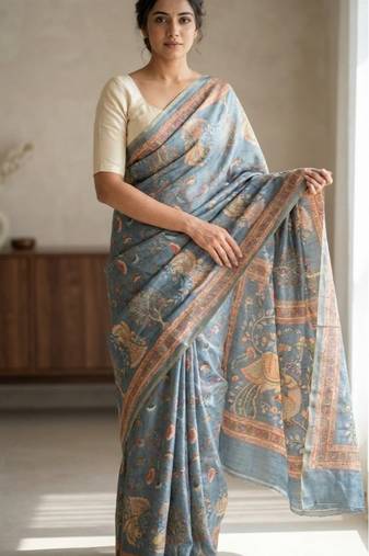 Grey colour cotton erode weaving saree with digital deer & floral print