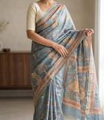 Grey colour cotton erode weaving saree with digital deer & floral print
