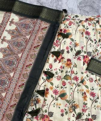 Green & Cream Kalamkari Printed Cotton Silk Lehenga Set with Zari Border For Women's 4