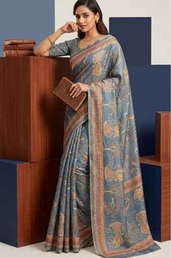 Grey colour cotton erode weaving saree with digital deer & floral print