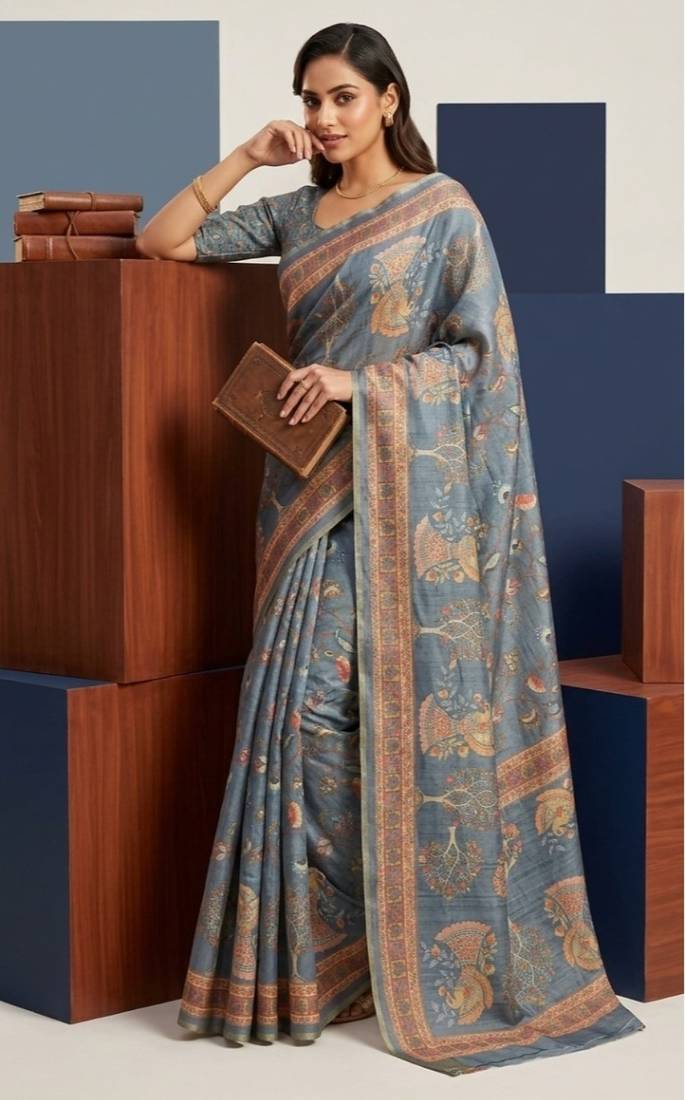 Grey colour cotton erode weaving saree with digital deer & floral print