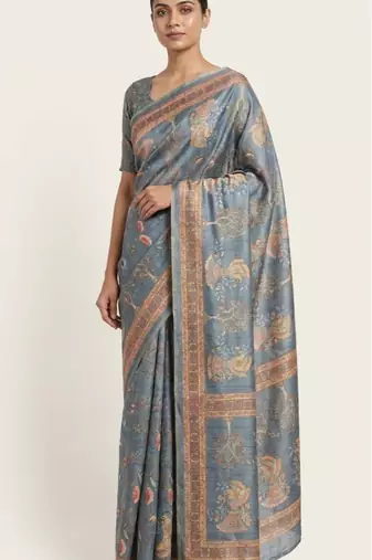 Grey colour cotton erode weaving saree with digital deer & floral print