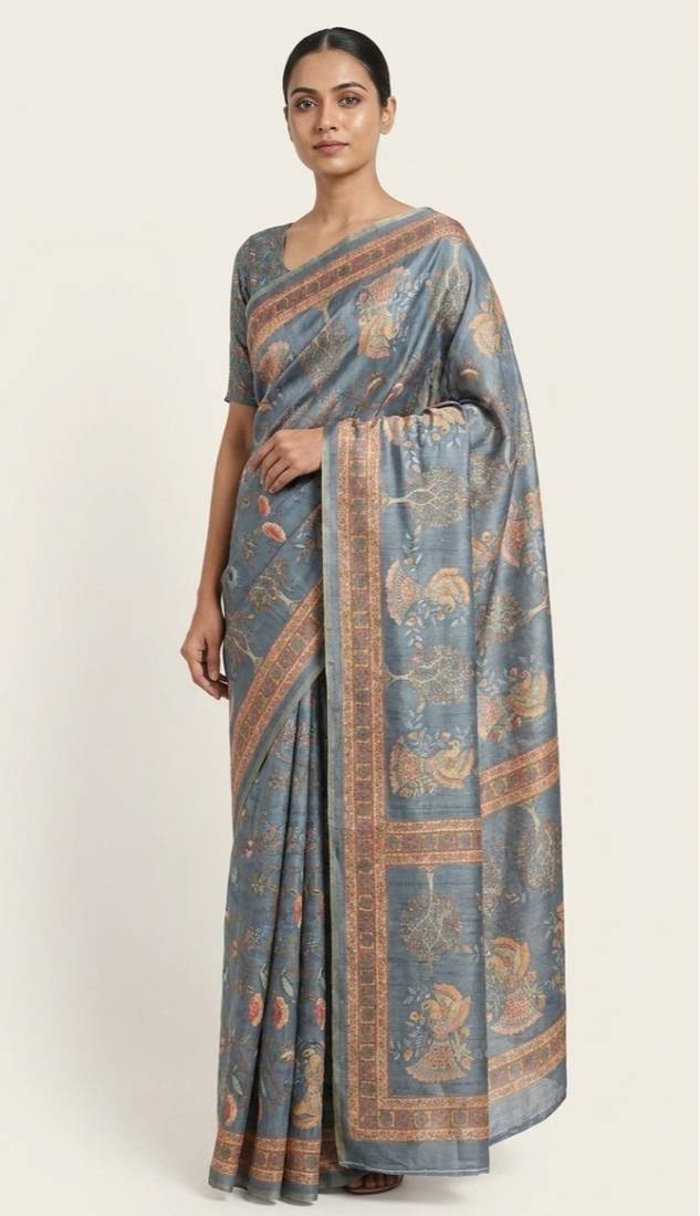 Grey colour cotton erode weaving saree with digital deer & floral print