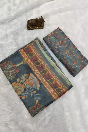 Grey colour cotton erode weaving saree with digital deer & floral print
