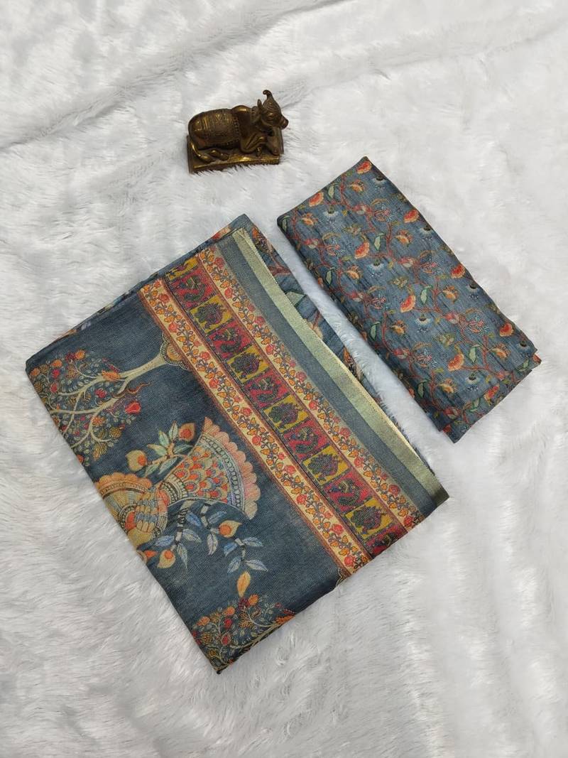 Grey colour cotton erode weaving saree with digital deer & floral print