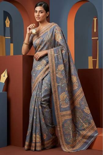 Grey colour cotton erode weaving saree with digital deer & floral print