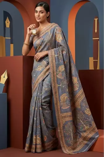 Grey colour cotton erode weaving saree with digital deer & floral print