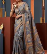 Grey colour cotton erode weaving saree with digital deer & floral print
