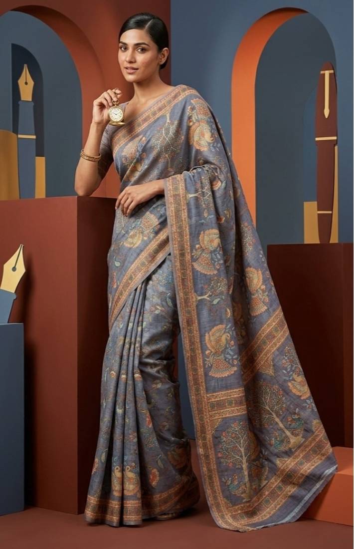 Grey colour cotton erode weaving saree with digital deer & floral print