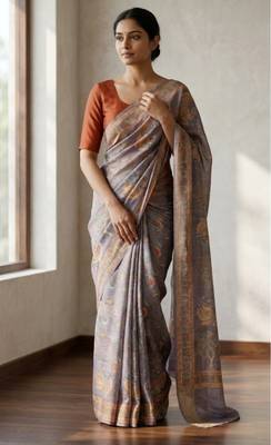 Grey colour cotton erode weaving saree with digital deer & floral print 2