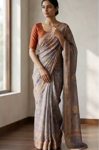 Grey colour cotton erode weaving saree with digital deer & floral print