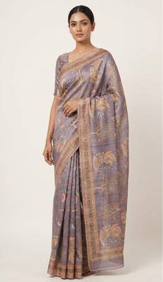 Grey colour cotton erode weaving saree with digital deer & floral print 3