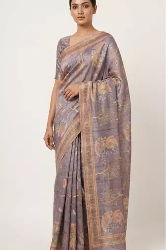 Grey colour cotton erode weaving saree with digital deer & floral print