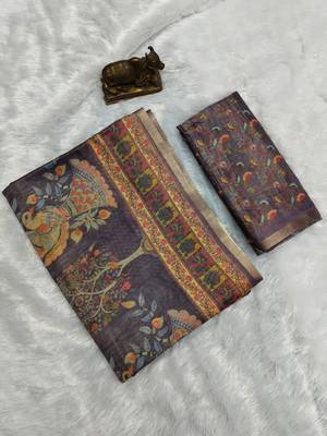 Grey colour cotton erode weaving saree with digital deer & floral print 4
