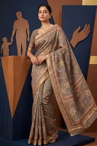 Brown colour cotton erode weaving saree with digital deer & floral print