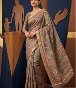 Brown colour cotton erode weaving saree with digital deer & floral print