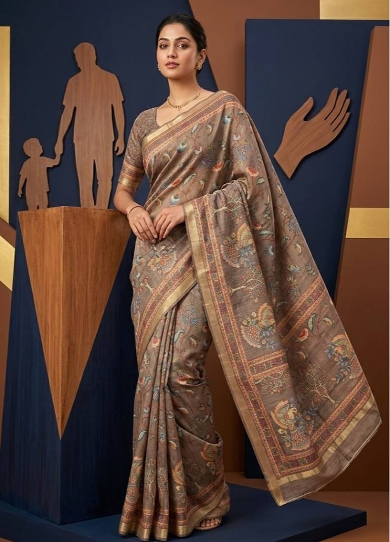 Brown colour cotton erode weaving saree with digital deer & floral print