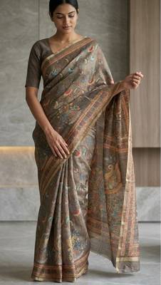 Brown colour cotton erode weaving saree with digital deer & floral print 2