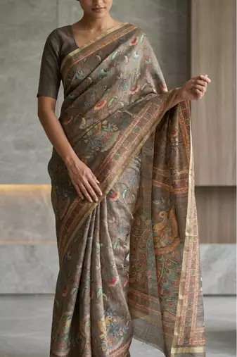 Brown colour cotton erode weaving saree with digital deer & floral print
