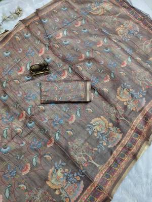 Brown colour cotton erode weaving saree with digital deer & floral print 3