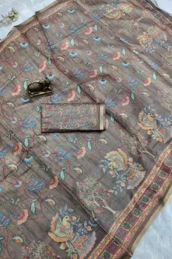 Brown colour cotton erode weaving saree with digital deer & floral print
