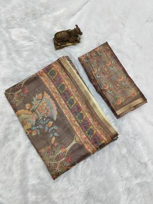 Brown colour cotton erode weaving saree with digital deer & floral print 4
