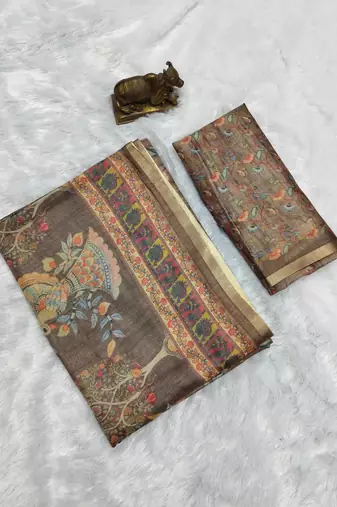 Brown colour cotton erode weaving saree with digital deer & floral print
